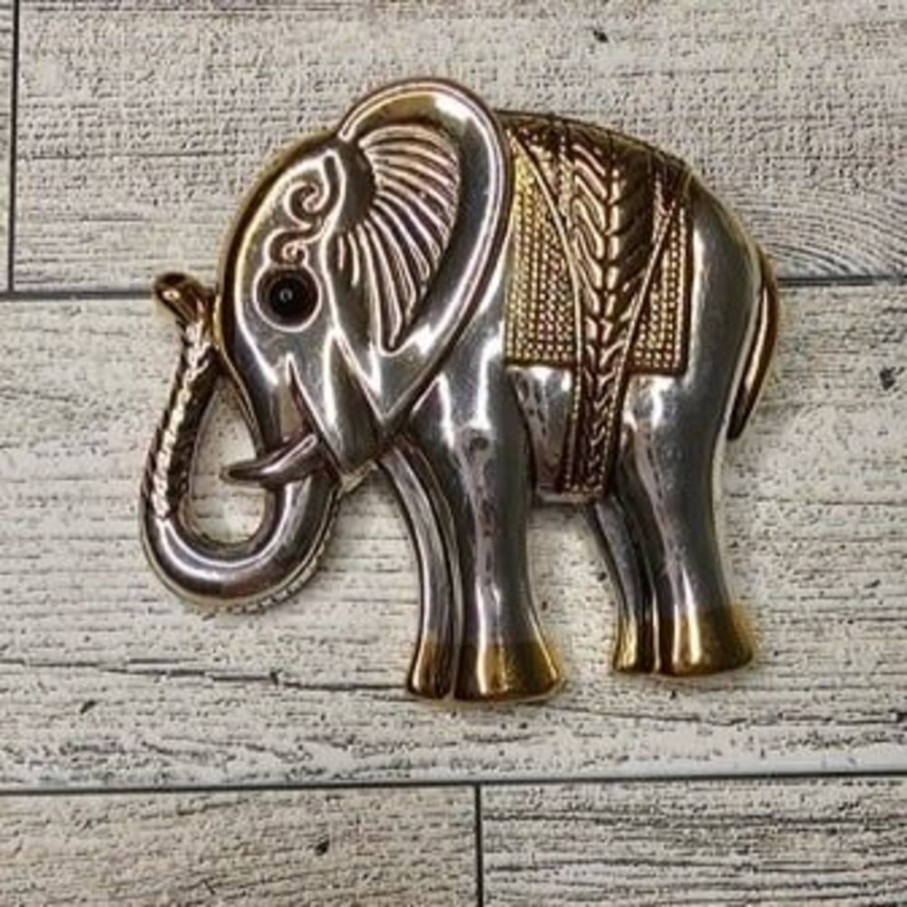 Vintage Best Elephant Silver and Gold Tone Brooch Pin Pendant 3"W